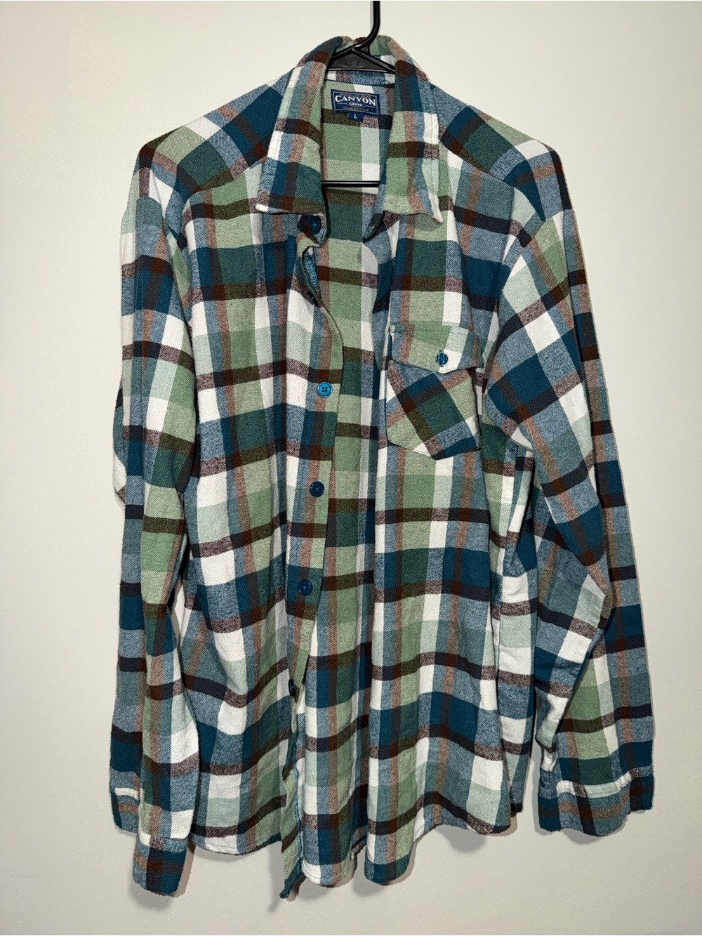 Canyon Creek Plaid Flannel Button Up Shirt Men’s Large Green Blue
